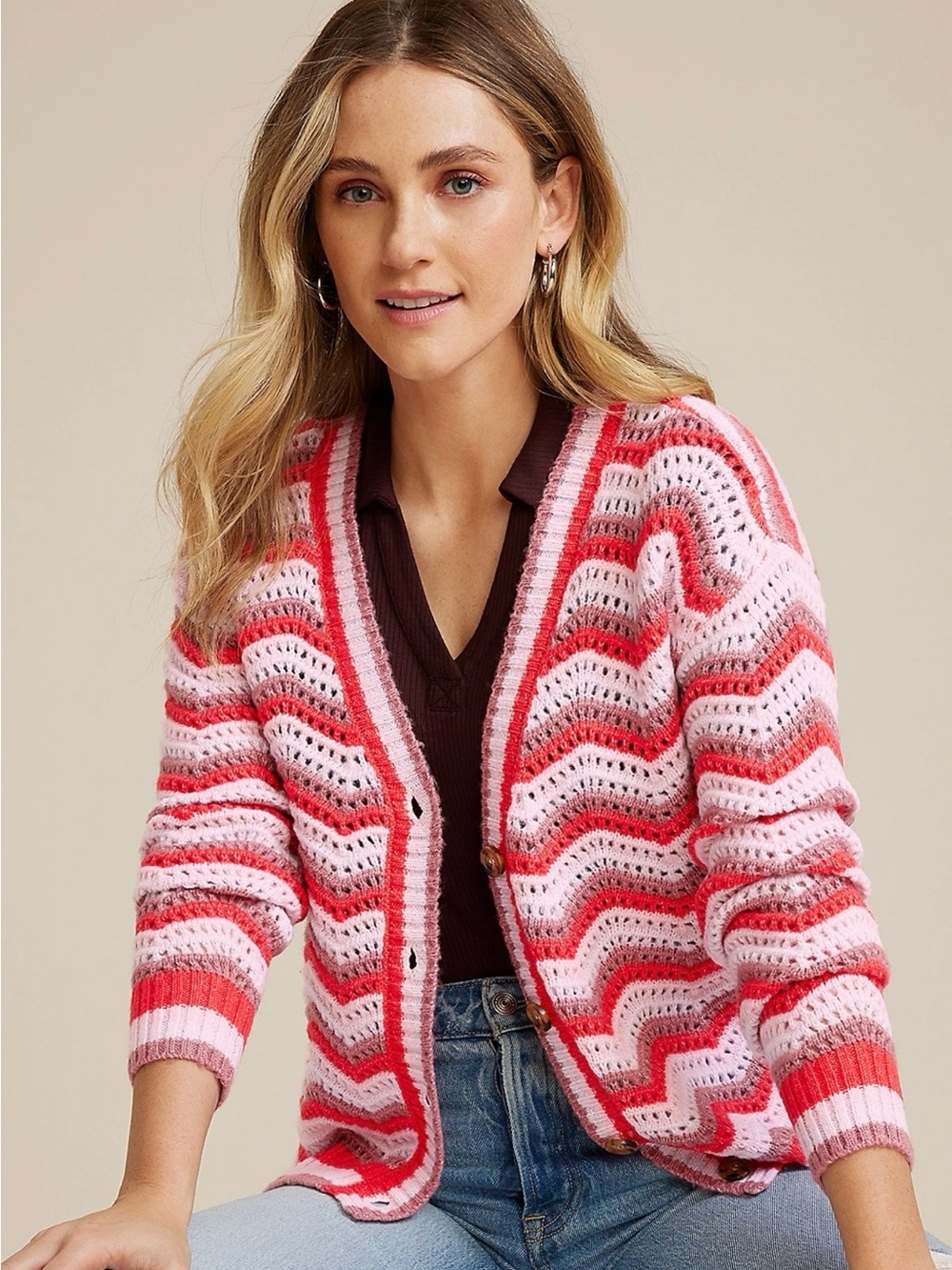 MAURICES Chevron Button Down Cardigan Pink/Red Knit  Sweater | MED | NWT |